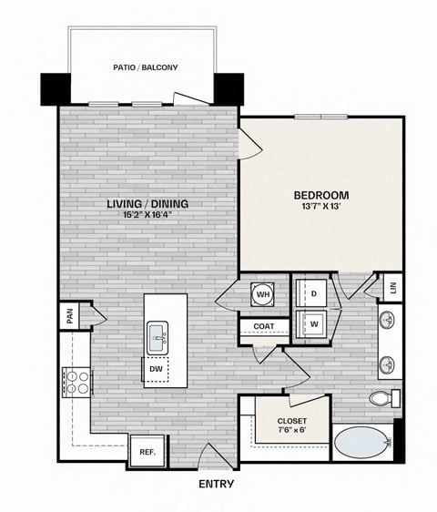 Floor plan for 1 bed, 1 bath, 863 sqft
